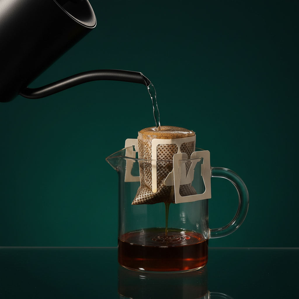 Gooseneck kettle pouring into drip coffee on dark emerald green background